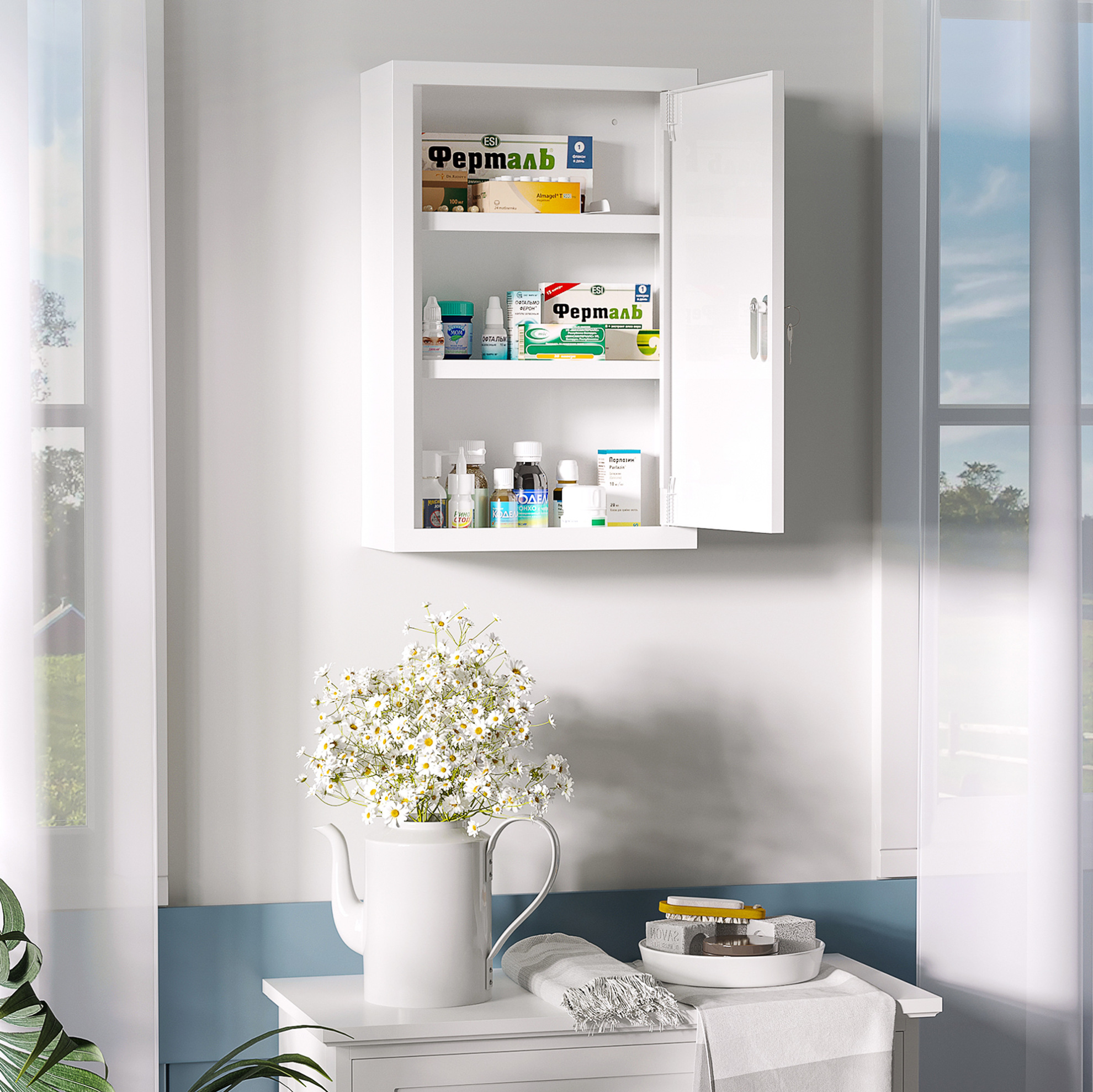 Wand-medizinschrank 30x14x46 Cm Aus Weißem Stahl Mit Schloss Für Bad – Meubliv