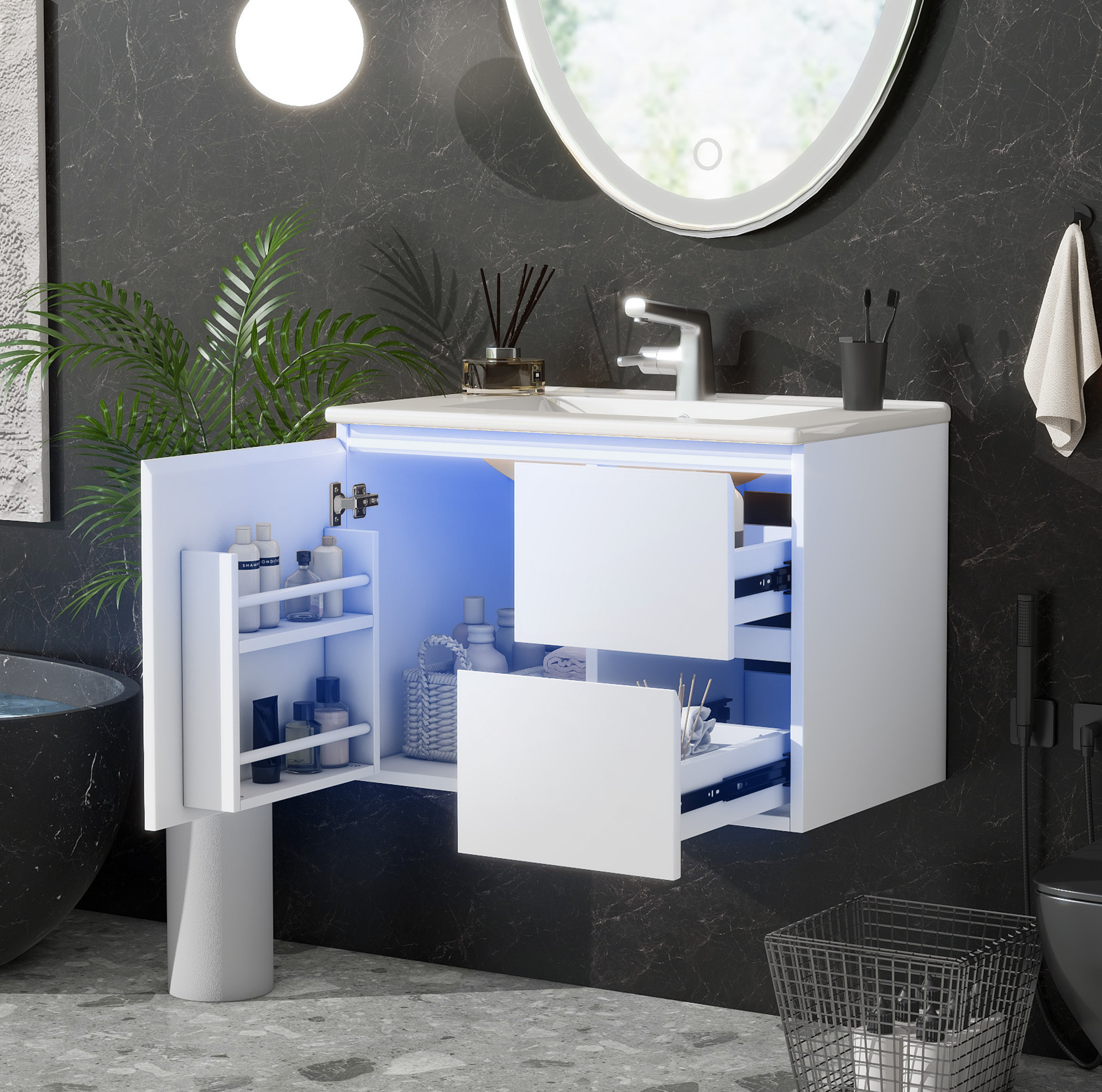 Wandhängender Waschtischunterschrank 76 X 46 X 50 Cm Mdf Keramik Weiß Led – Meubliv