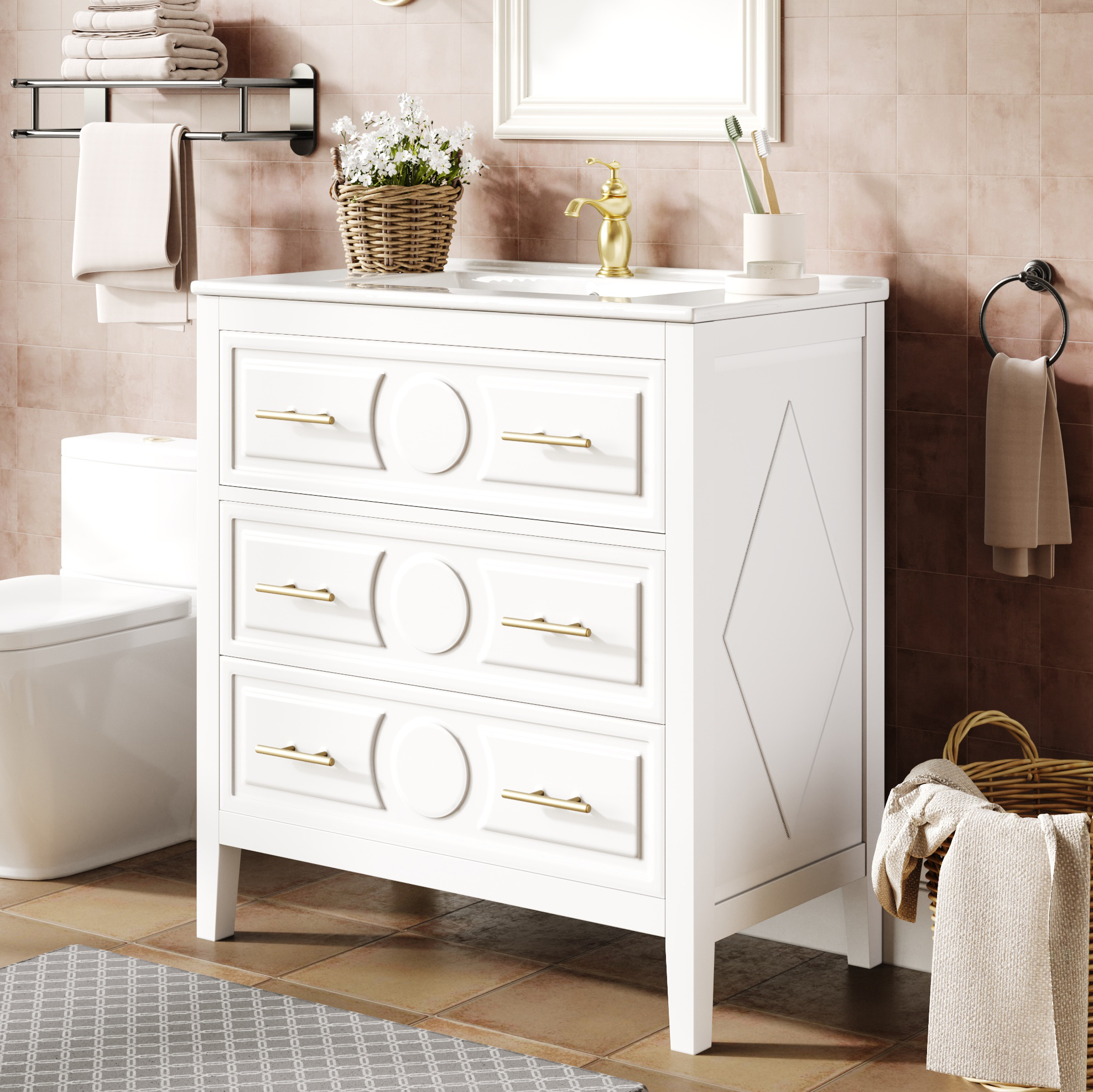 Waschtischunterschrank 81x46,5x86,5 Cm Aus Weißem Mdf Mit Waschbecken, 3 Schubladen – Meubliv