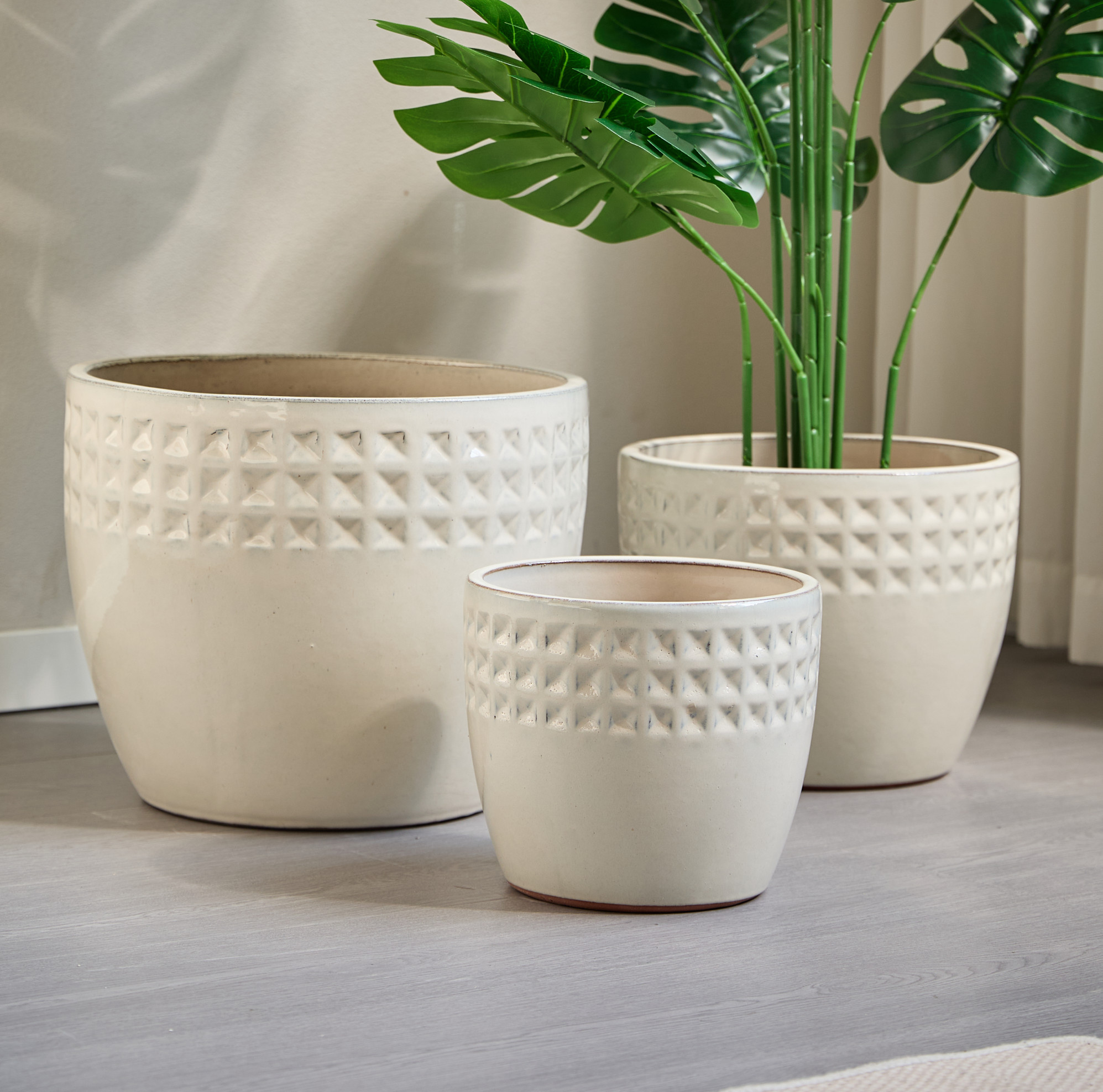 3er-set Keramik-blumentöpfe 38/30,5/23 Cm, Glänzend Cremeweiß, Mit Ablaufloch – Meubliv