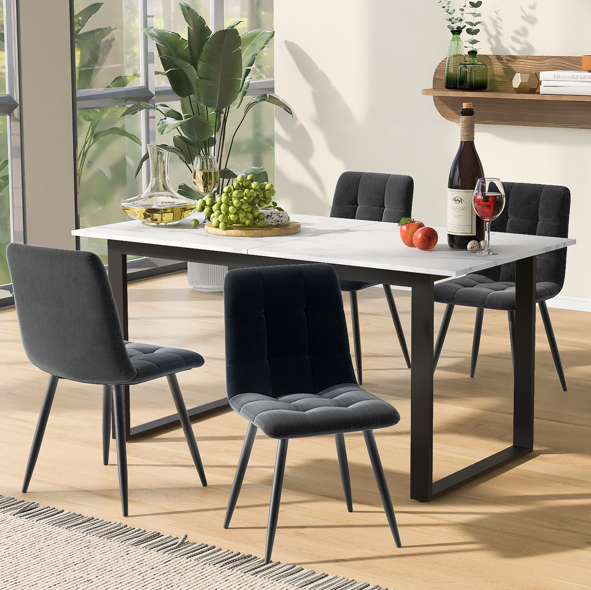 Ausziehbare Essgruppe 180x80x75 Cm Aus Weißem Mdf, 4 Graue Stühle – Meubliv