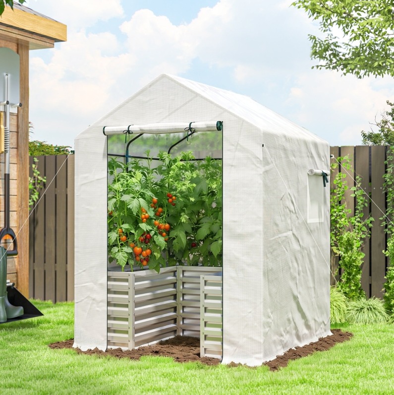 Foliengewächshaus 141x141x190 Cm Aus Weißem Stahl Mit Hochbeet, Platzsparend – Meubliv