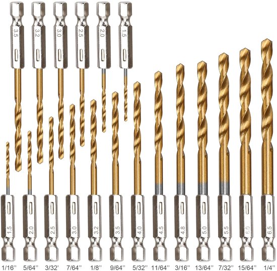 19-teiliges Sechskantbohrer-set, Titan- Und Hss-hochgeschwindigkeitsstahl-sechskantschaft-schnellwechsel-holzbohrer (1/16"-1/4")