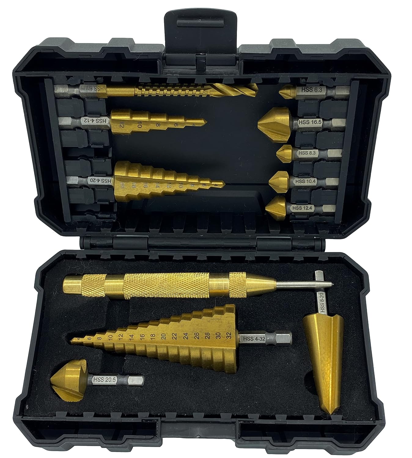 12-teiliges Set Hss-titan-stufenbohrer, Senker Und Kegelbohrer Mit 1/4"-sechskantschaft, Mehrbohrersäge Und Automatischem Körner