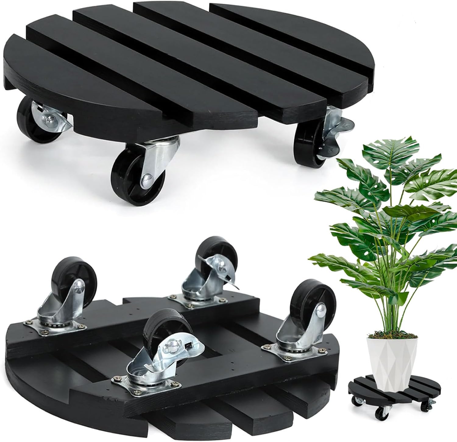 Set Mit 2 Um 360° Drehbaren Pflanzenständern Mit Feststellbaren Rollen – Stabiler Blumentopfständer Aus Holz Für Den Innen- Und Außenbereich