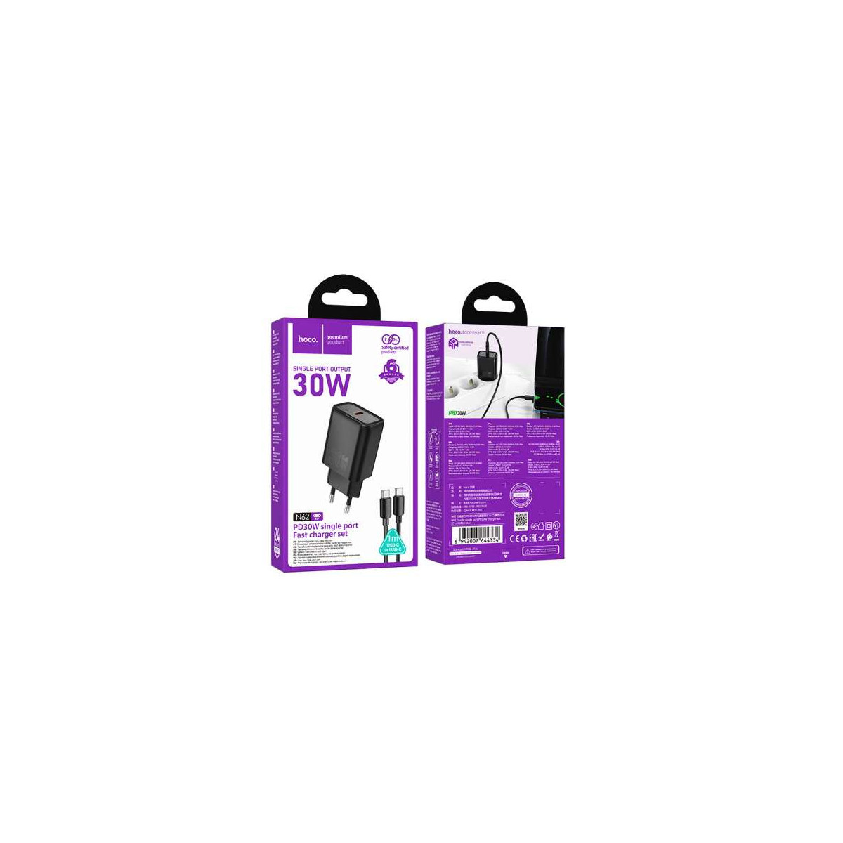 Hoco N62 Usb-c-wandladegerät 30 W Pd Qc Mit Usb-c-kabel Inklusive Schwarz