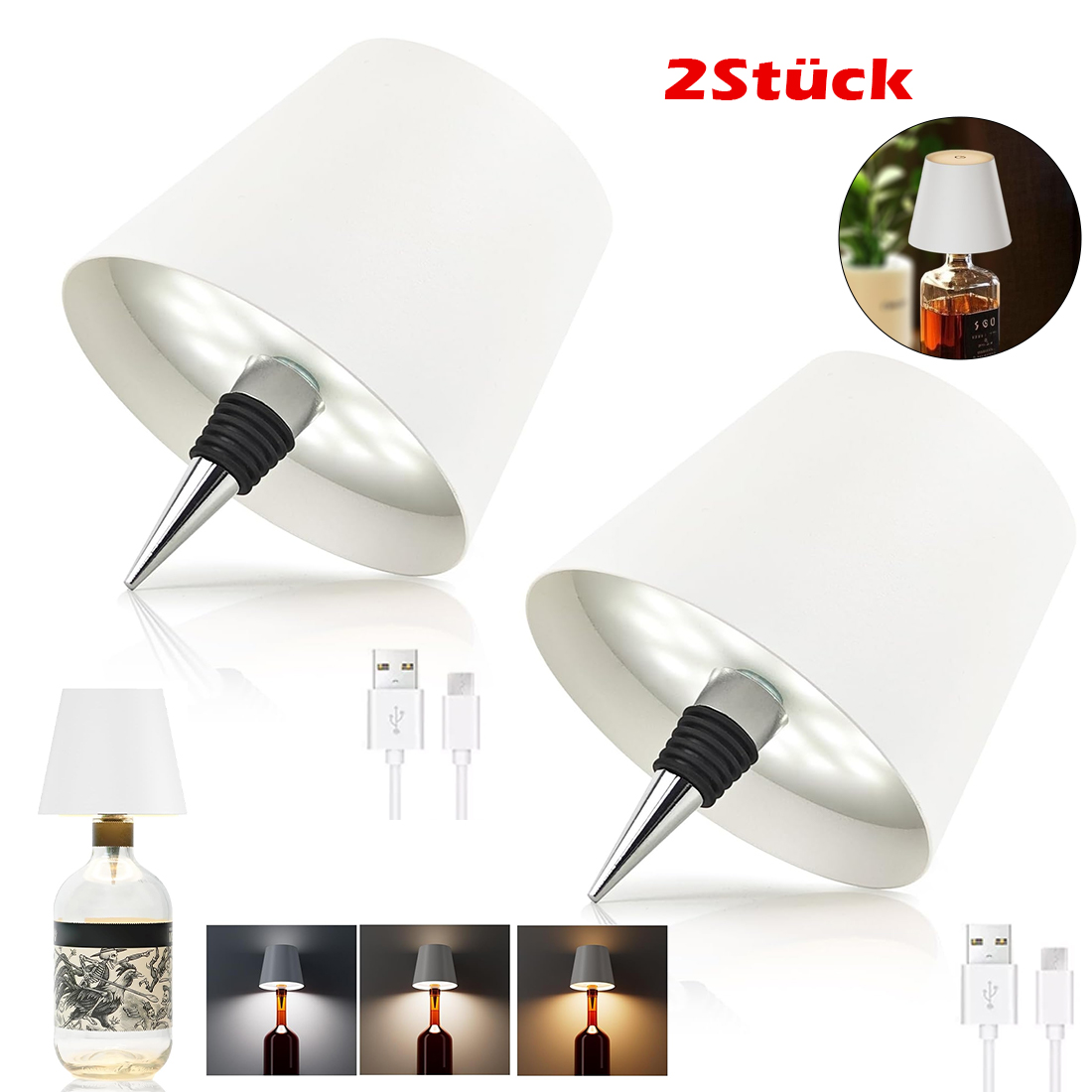Ortviai – Led-flaschenlampen 2er-set – Touch-dimmlicht, 3 Lichttemperaturen – Ausführung Weiß
