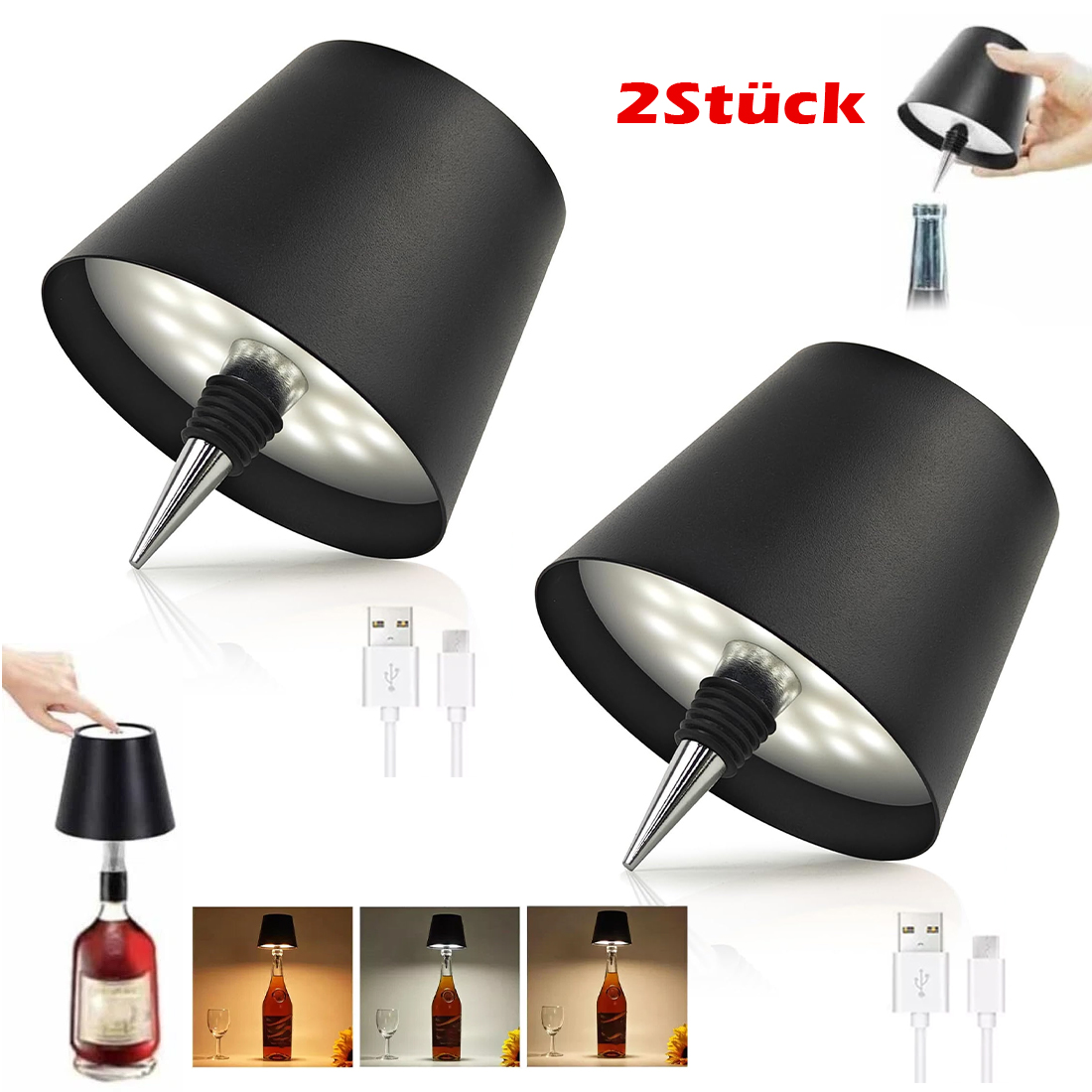 Ortviai – Led-flaschenlampen 2er-set – Touch-dimmlicht, 3 Lichttemperaturen – Ausführung Schwarz