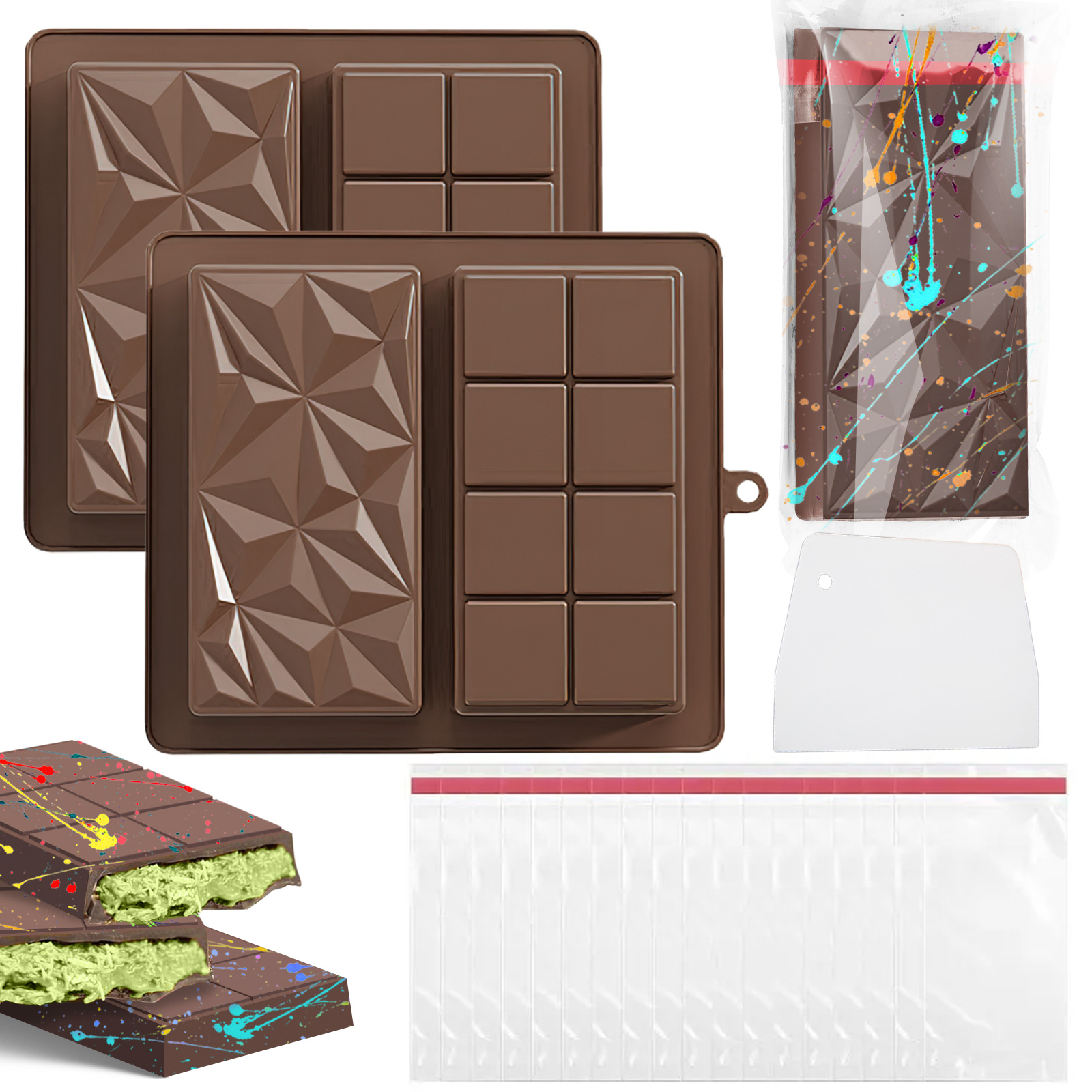 Ortviai – Silikon-schokoladenformen 2er-set, 21 × 19 Cm – Rautenmuster Im Dubai-schokoladen-stil – 100 Selbstklebende Tütchen Und Schaber Inklusive