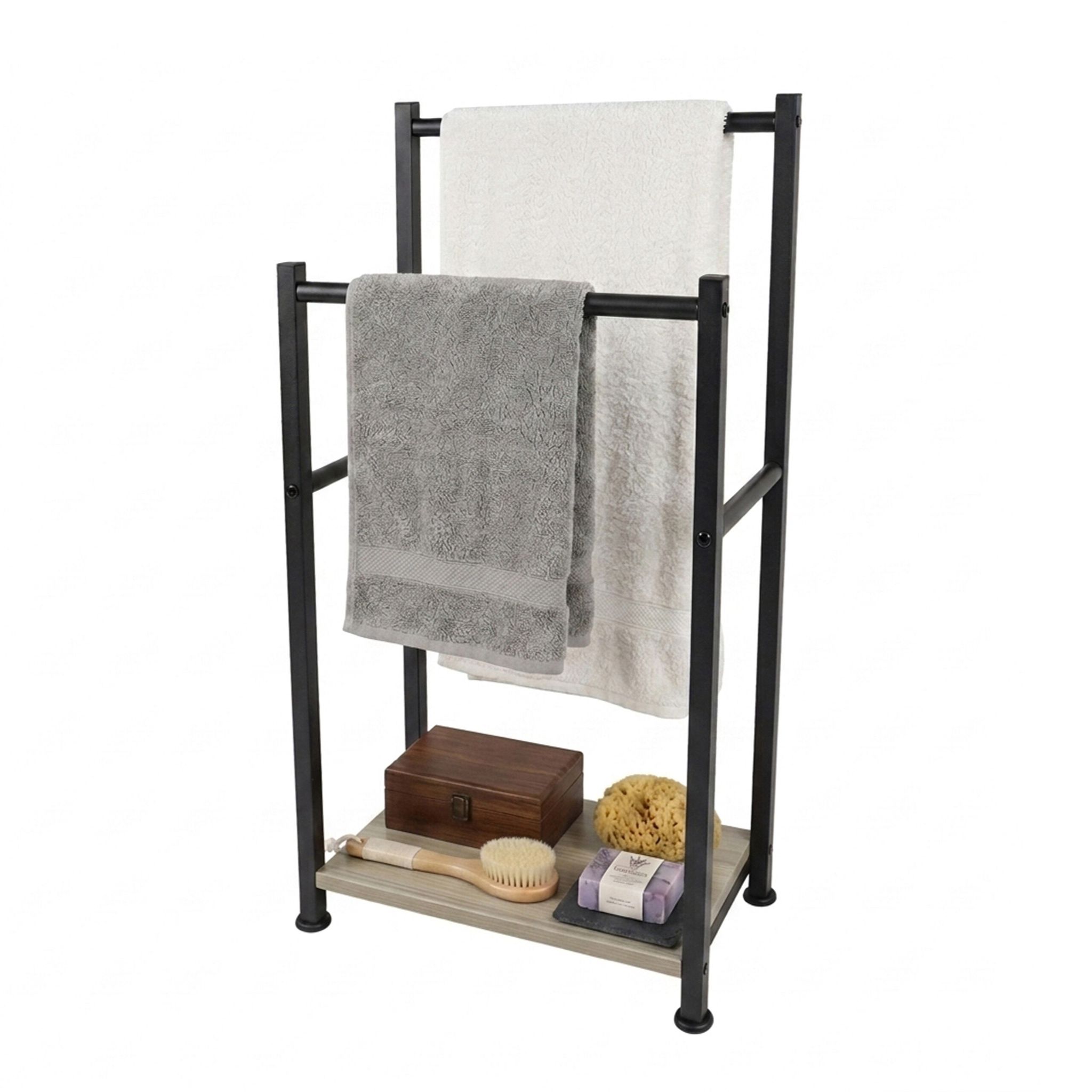 Relaxdays Handtuchständer Mit Ablage, Hbt: 80x42x24 Cm, 2 Stangen, Handtuchhalter Stehend, Mdf & Metall, Schwarz/grau