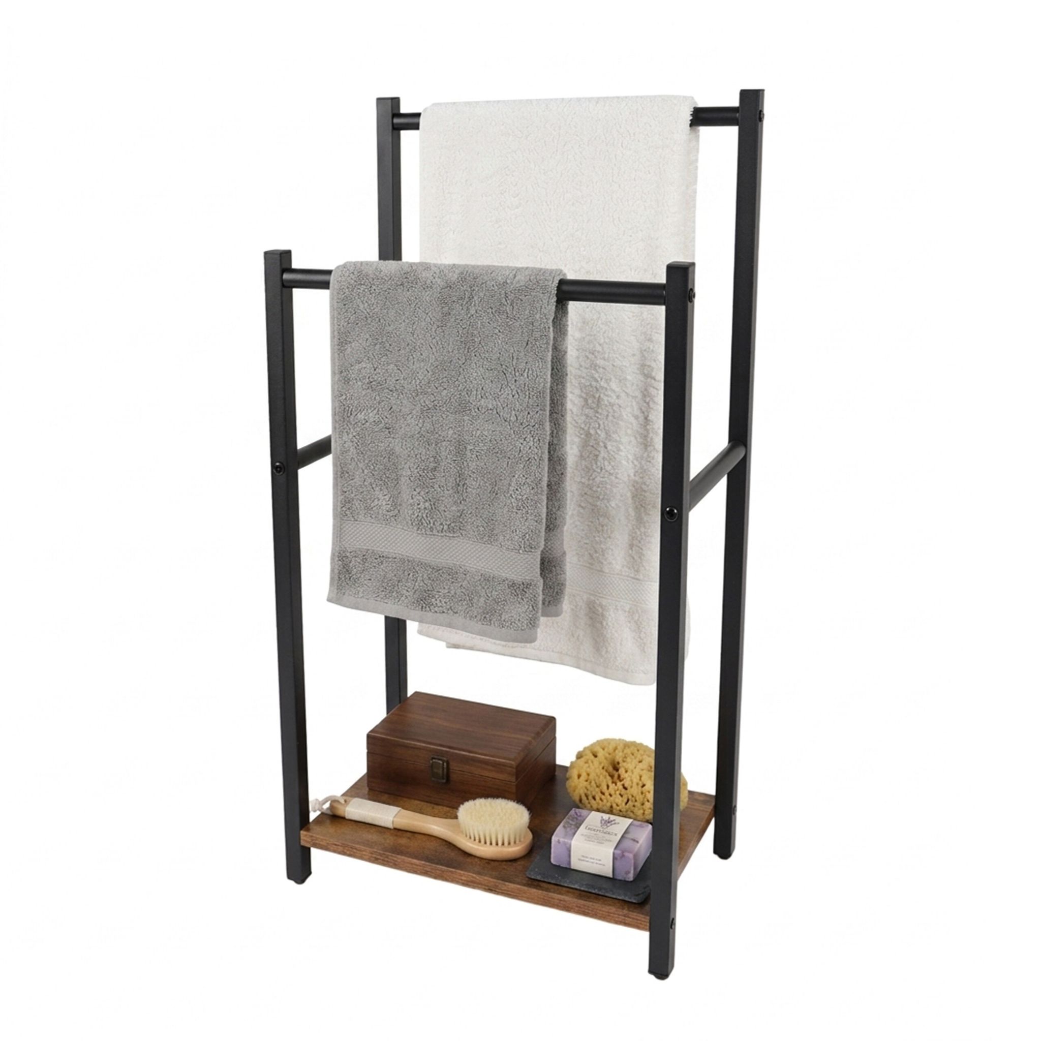 Relaxdays Handtuchständer Mit Ablage, Hbt: 80x42x24 Cm, 2 Stangen, Handtuchhalter Stehend, Mdf & Metall, Schwarz/braun