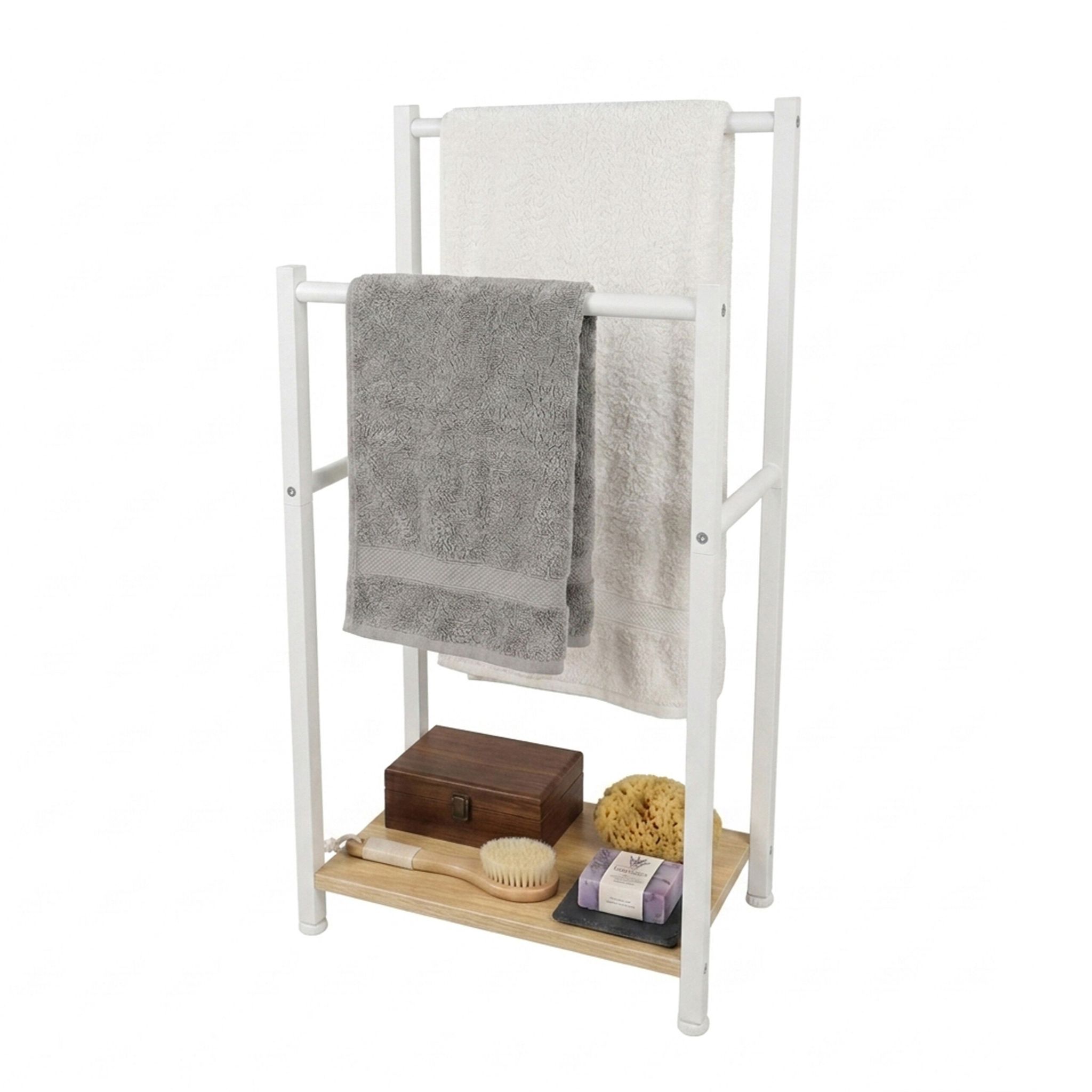 Relaxdays Handtuchständer Mit Ablage, Hbt: 80 X 42 X 24 Cm, 2 Stangen, Handtuchhalter Stehend, Mdf & Metall, Natur/weiß