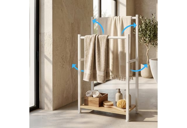 Relaxdays Handtuchständer Mit Ablage, Hbt: 80 X 42 X 24 Cm, 2 Stangen, Handtuchhalter Stehend, Mdf & Metall, Natur/weiß