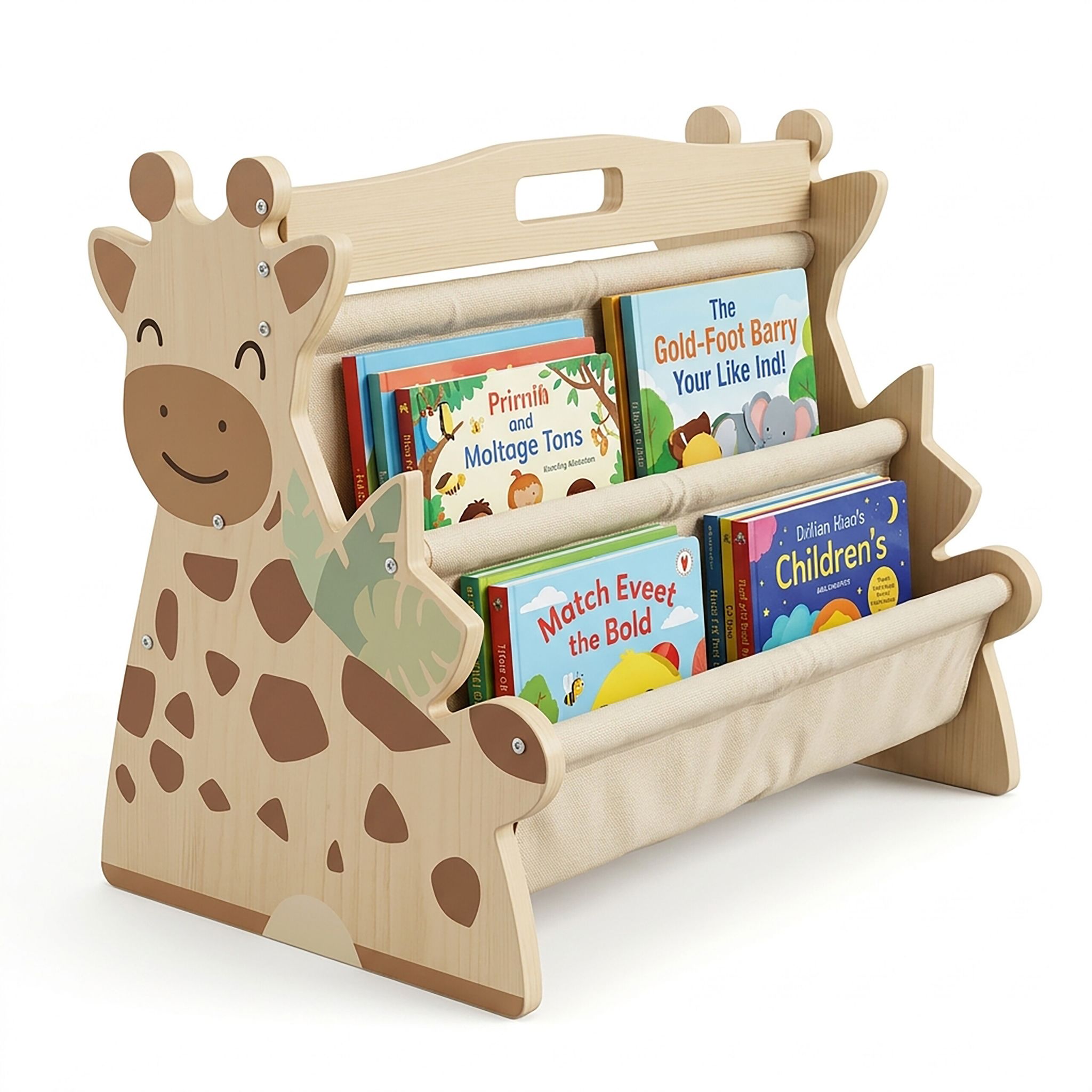 Relaxdays Bücherregal Kinder, Holz, 4 Stofffächer, Beidseitig, Hbt: 32,5 X 44,5 X 28 Cm, Kinderbuchregal Giraffe, Natur