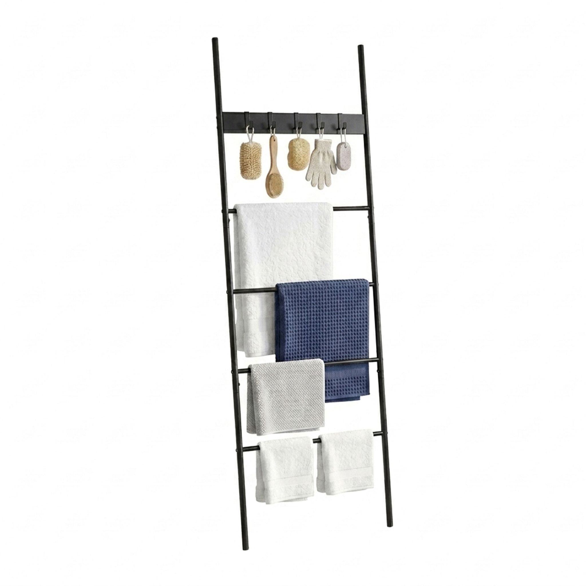 Relaxdays Handtuchleiter, 4 Sprossen, 5 Haken, Hxb: 177x60 Cm, Bad & Schlafzimmer, Wäscheleiter, Mdf & Metall, Schwarz