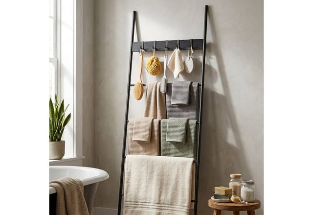 Relaxdays Handtuchleiter, 4 Sprossen, 5 Haken, Hxb: 177x60 Cm, Bad & Schlafzimmer, Wäscheleiter, Mdf & Metall, Schwarz