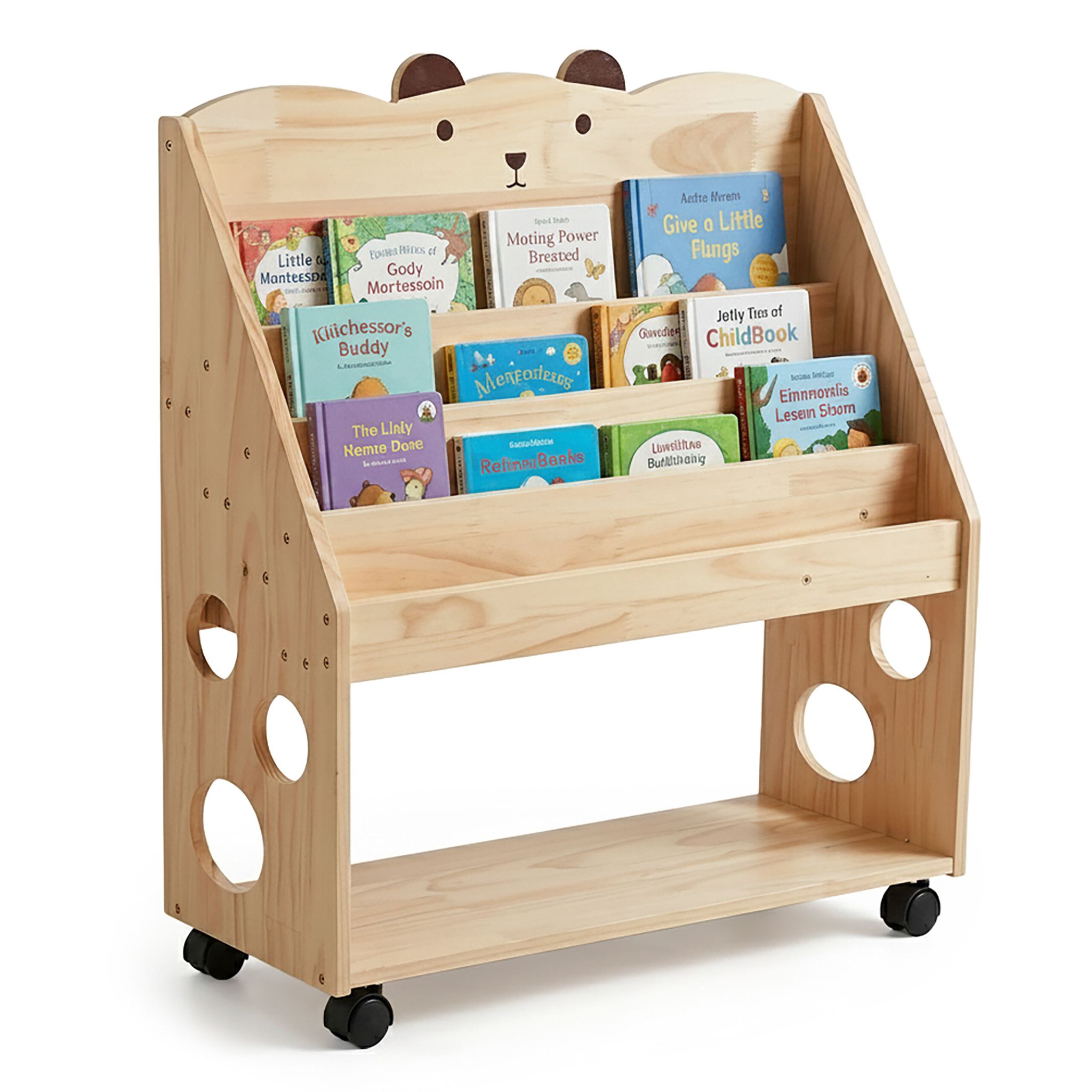 Relaxdays Bücherregal Kinder, Mit Rollen & Tafel, Holz, Hxbxt: 85 X 70 X 29,5 Cm, 5 Fächer, Kinderbücherregal Bär, Natur