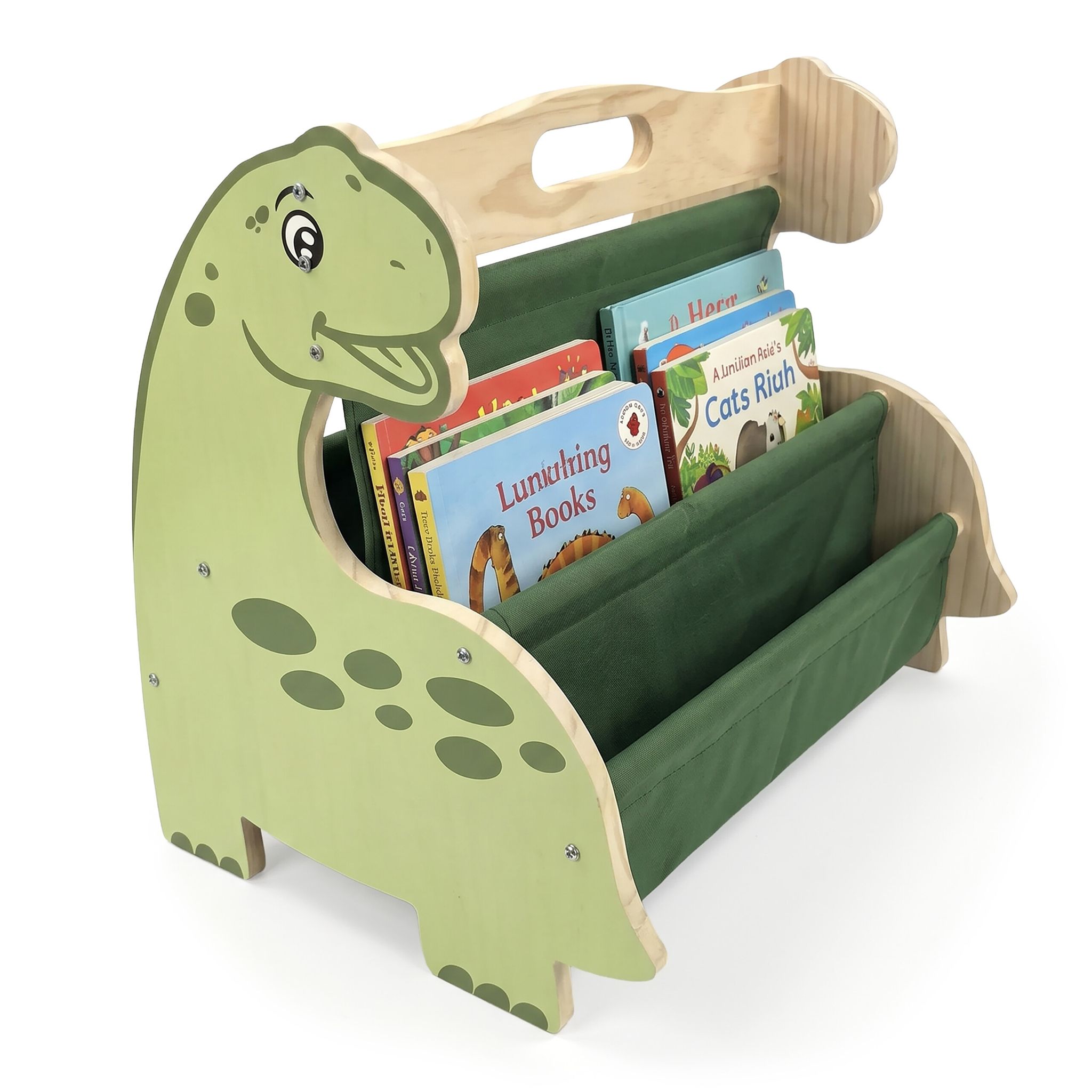 Relaxdays Bücherregal Kinder, Holz, 4 Stofffächer, Beidseitig, Hxbxt: 34 X 44 X 31 Cm, Kinderbuchregal Dino, Grün/natur