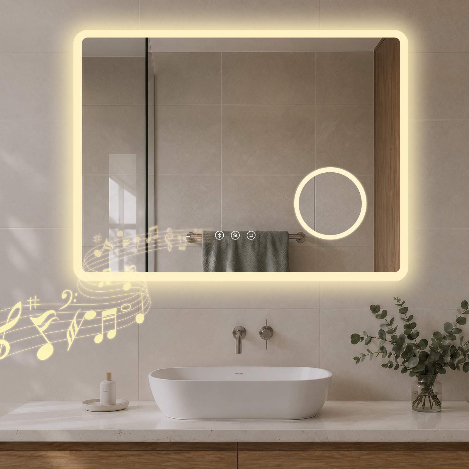 Badspiegel Mit Beleuchtung 80 × 60 Cm, Bluetooth, 3-fach Vergrößerung, Anti-beschlag, 3 Lichtfarben – S'Afielina
