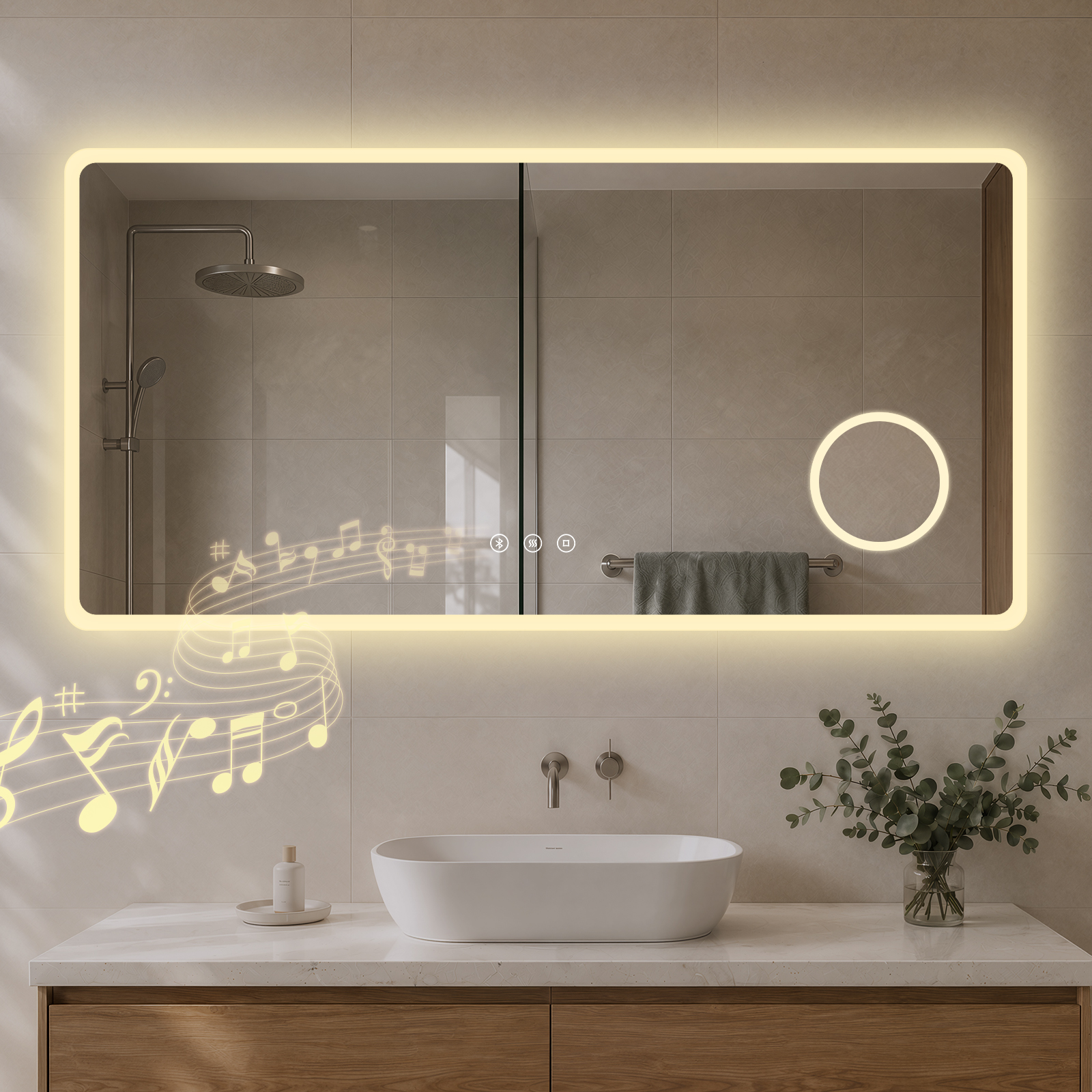 Badspiegel Mit Beleuchtung 120 × 60 Cm, Bluetooth, 3-fach Vergrößerung, Anti-beschlag, 3 Lichtfarben – S'Afielina
