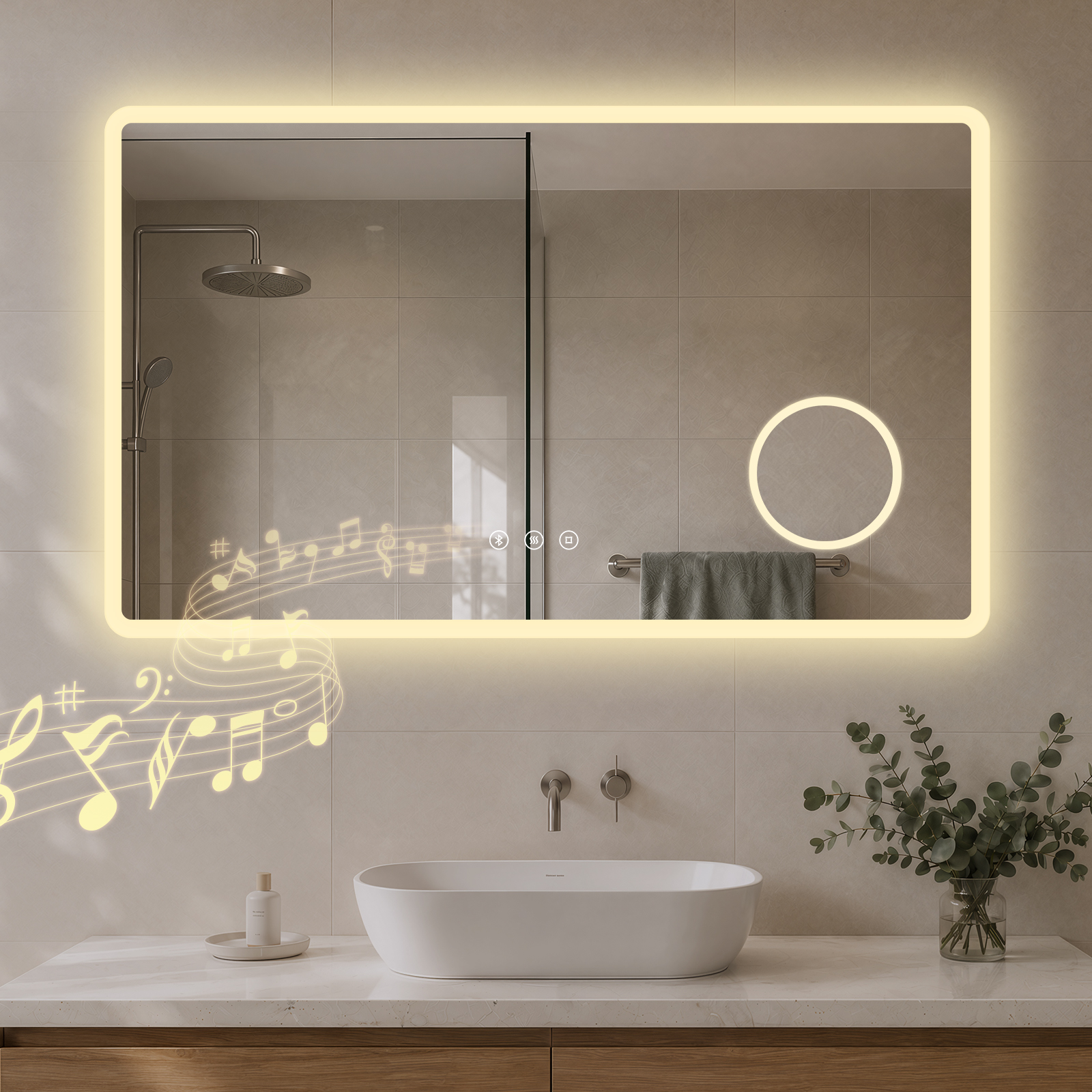 Badspiegel Mit Beleuchtung 100 × 60 Cm, Bluetooth, 3-fach Vergrößerung, Anti-beschlag, 3 Lichtfarben – S'Afielina