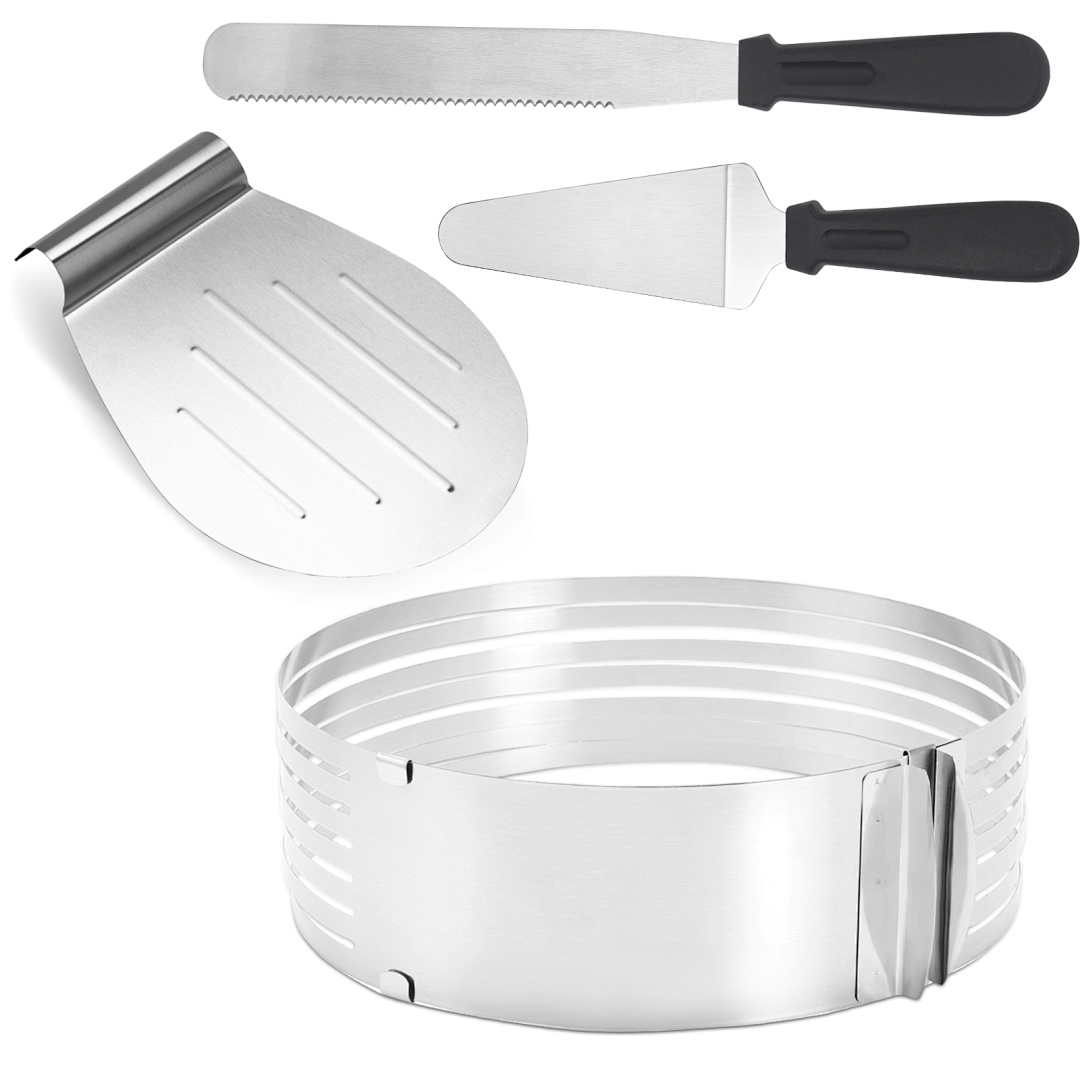 Jiubiaz Torten Set Tortenboden 4tlg Aus Edelstahl - Tortenheber Tortenschneider Schneidhilfe - Kuchen Boden Heber Messer Tortenring 23-30cm