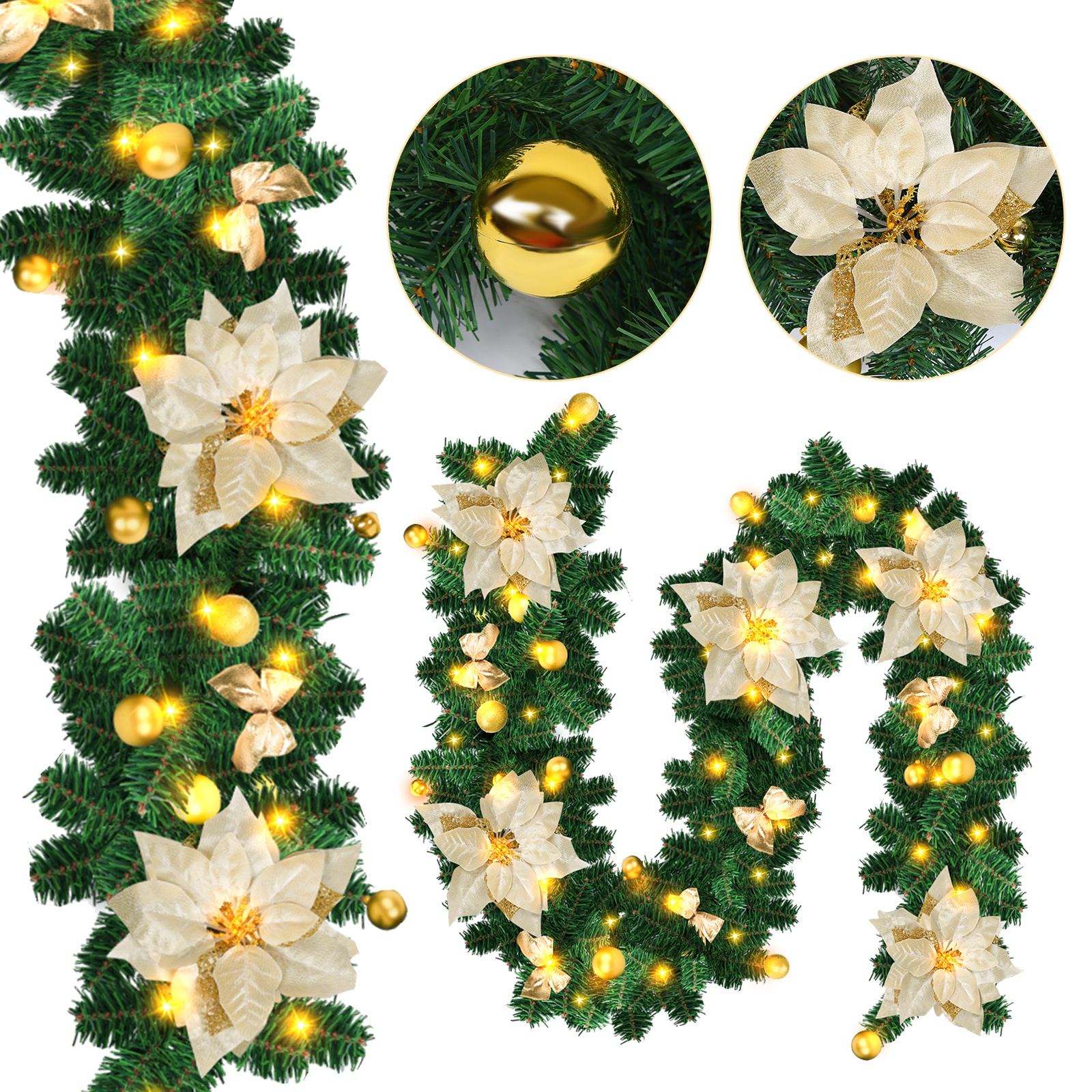 Jiubiaz Led-weihnachtsgirlande 2,7 M Mit 50 Leds Und Goldfarbenem Schmuck