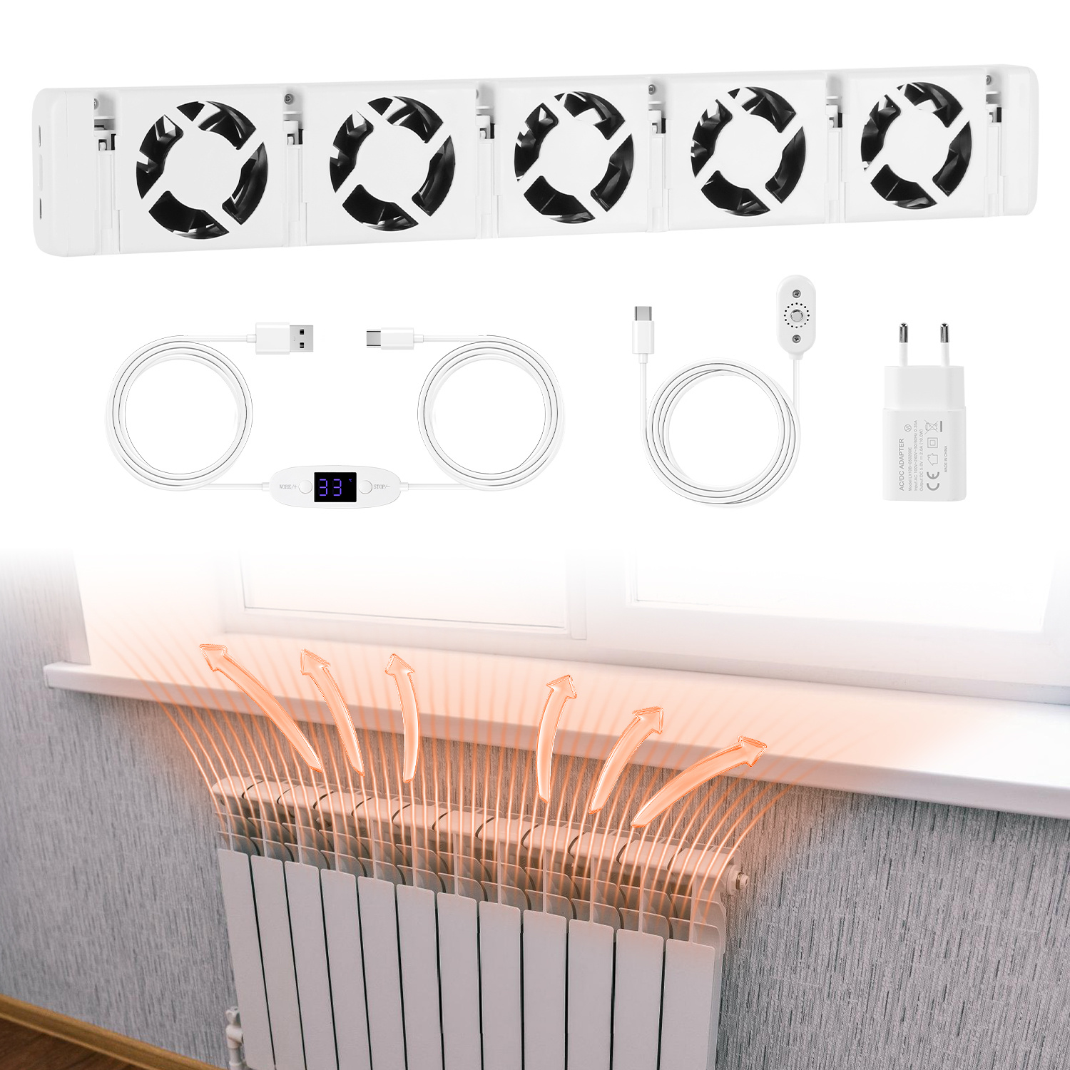 Jiubiaz Heizkörperverstärker 1er Set Mit 5 Lüftern, 47 Cm, Temperaturregler 0–60 °c, Magnetisch, Für 70–100 Cm