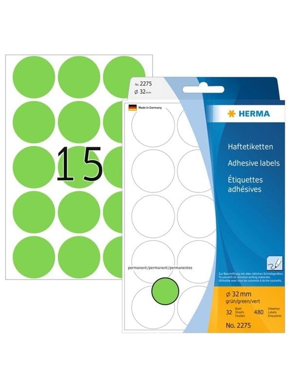 HERMA Vielzwecketiketten/Farbpunkte Ø 32 mm, rund, grün, permanent haftend, zur Handbeschriftung