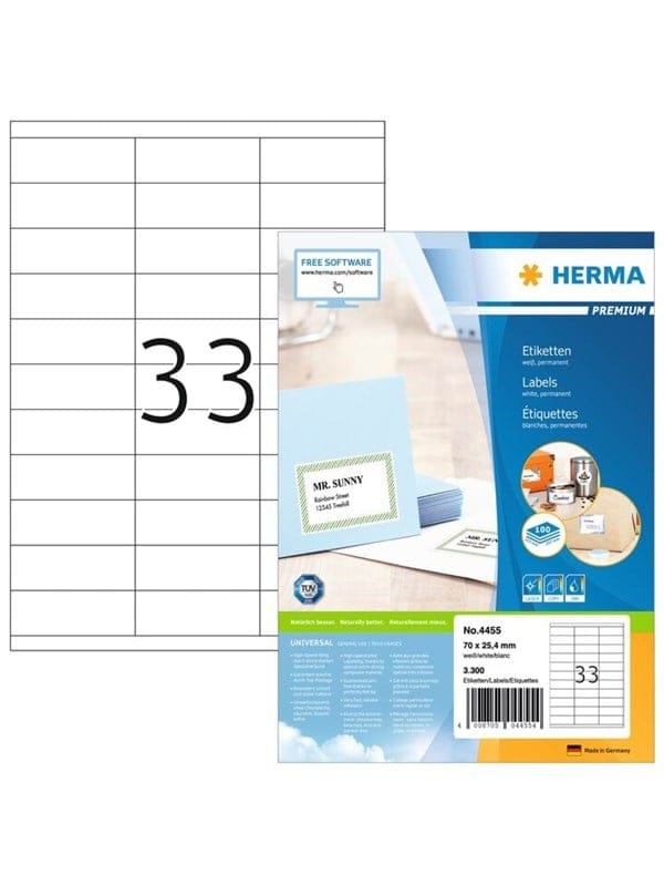 HERMA PREMIUM Etiketten A4, 70 x 25,4 mm, weiß, permanent haftend