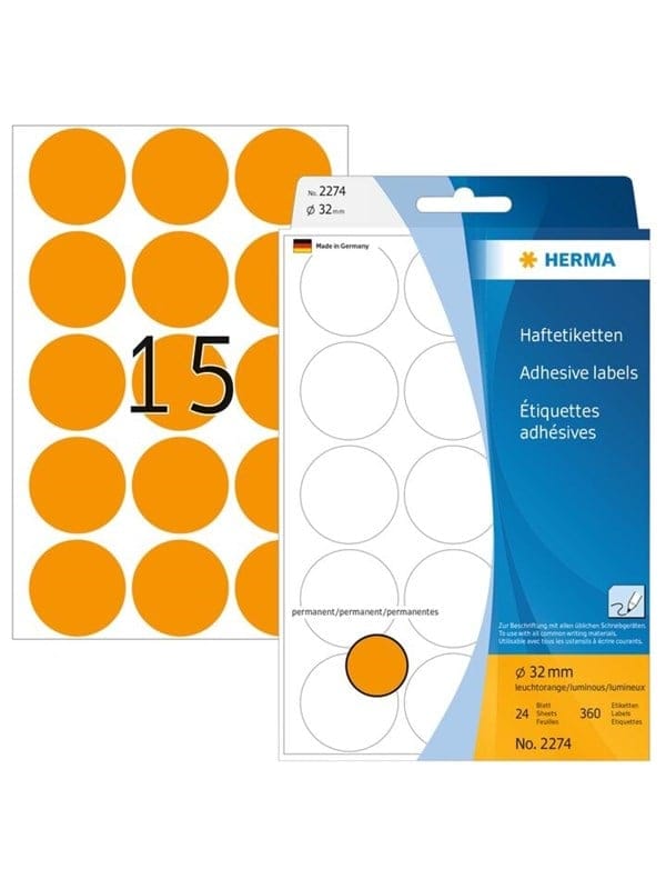 HERMA Vielzwecketiketten/Farbpunkte Ø 32 mm, rund, leuchtorange, permanent haftend, zur Handbeschriftung