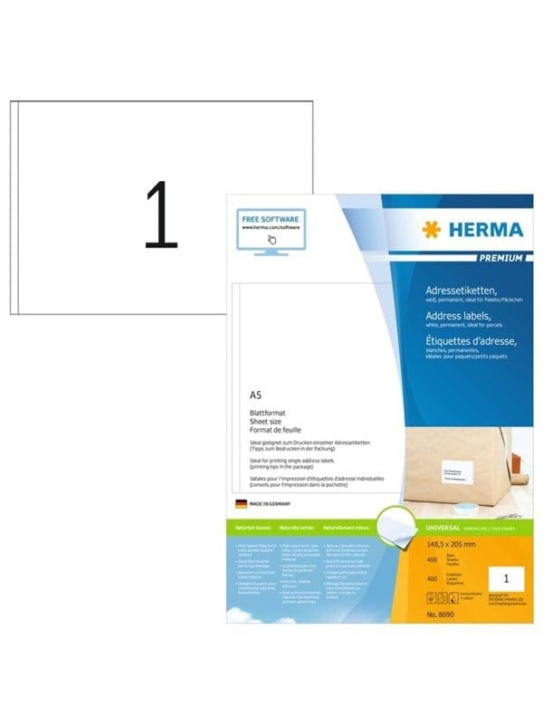 HERMA PREMIUM Adressetiketten, A5, 148,5 x 205 mm, weiß, permanent haftend