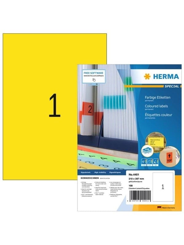HERMA Farbige Etiketten A4, 210 x 297 mm, gelb, permanent haftend