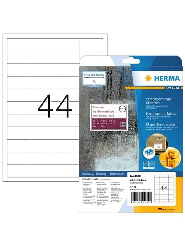 HERMA Wetterfeste Folienetiketten A4, 48,3 x 25,4 mm, weiß, extrem stark haftend