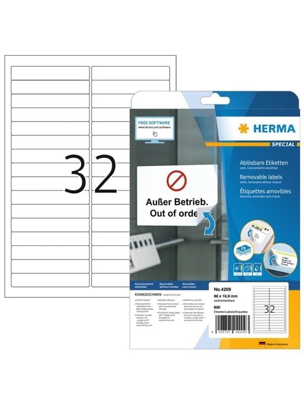 HERMA Ablösbare Etiketten A4, 96 x 16,9 mm, weiß