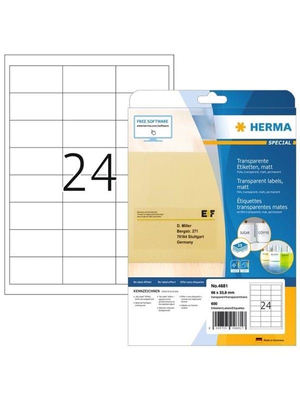 HERMA Transparente Folien-Etiketten, matt, A4, 66 x 33,8 mm, wetterfest, permanent haftend