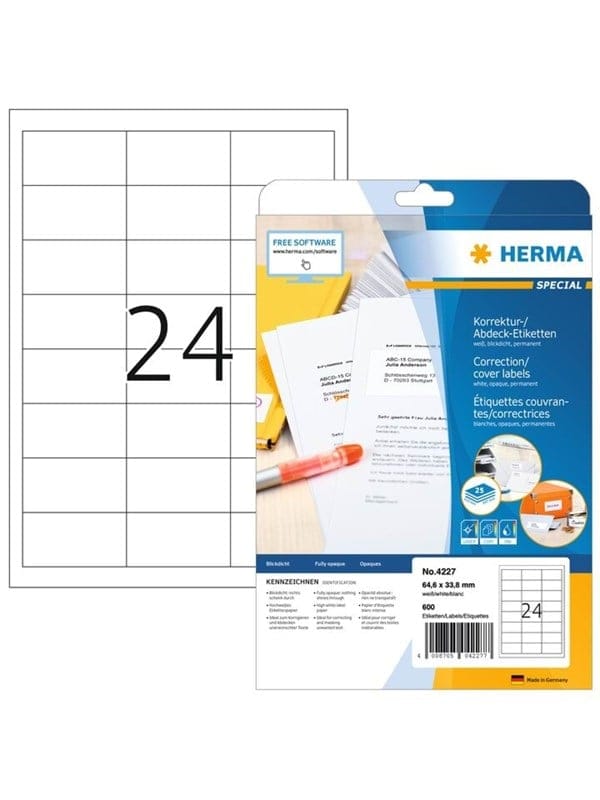 HERMA Korrektur-/Abdecketiketten A4, 64,6 x 33,8 mm, weiß, blickdicht, permanent haftend