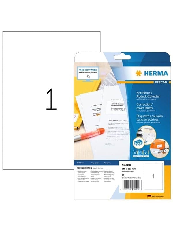 HERMA Korrektur-/Abdecketiketten A4, 210 x 297 mm, weiß, blickdicht, permanent haftend