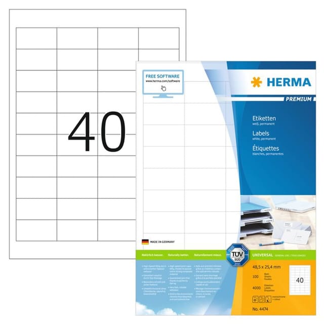 HERMA PREMIUM Etiketten A4, 48,5 x 25,4 mm, weiß, permanent haftend