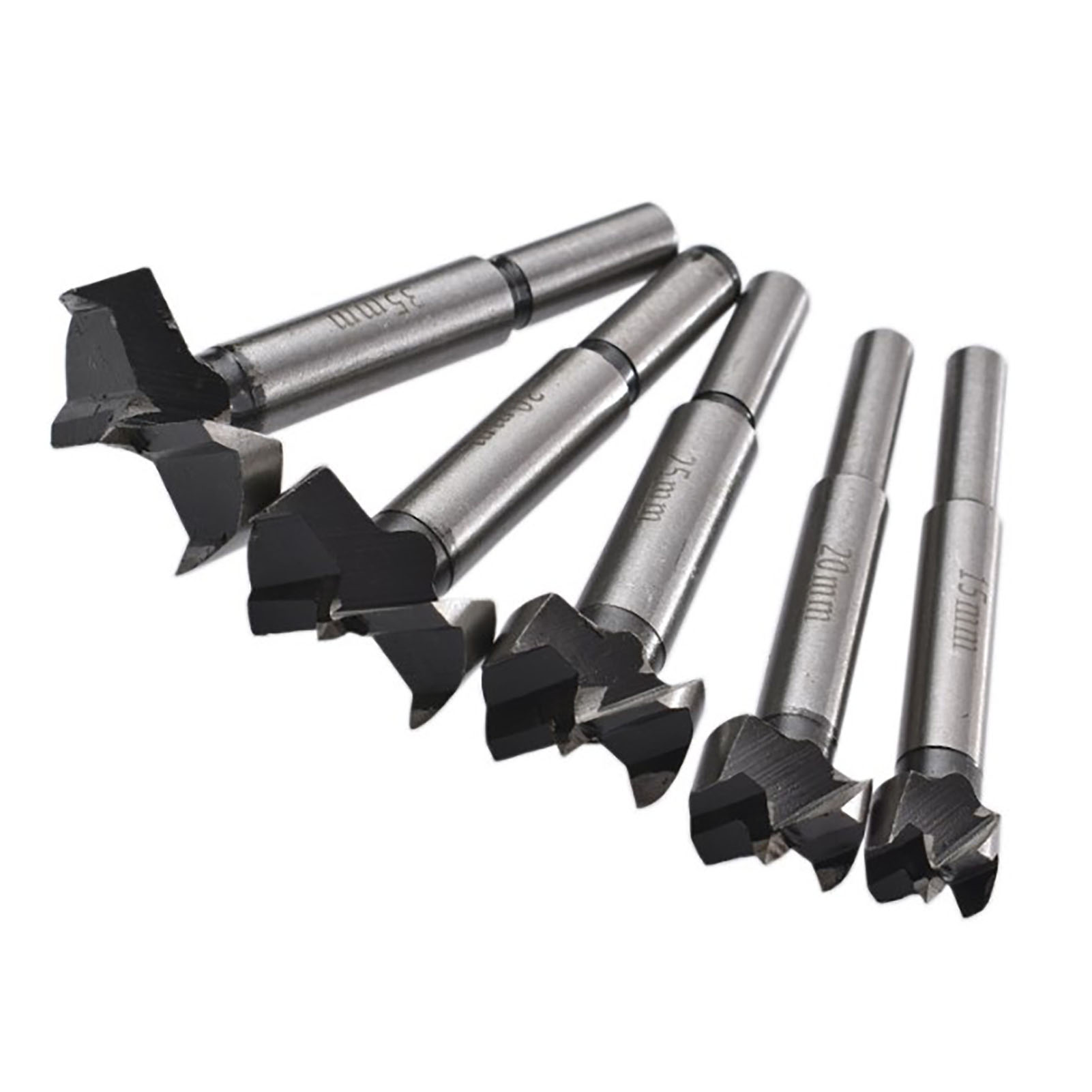 Set Aus 5 Forstnerbohrern Mit Den Durchmessern 15, 20, 25, 30 Und 35 Mm Zum Bohren Und Reiben, Inklusive Stahlscharnierbohrer Und Lochöffner Für Die Holzbearbeitung.