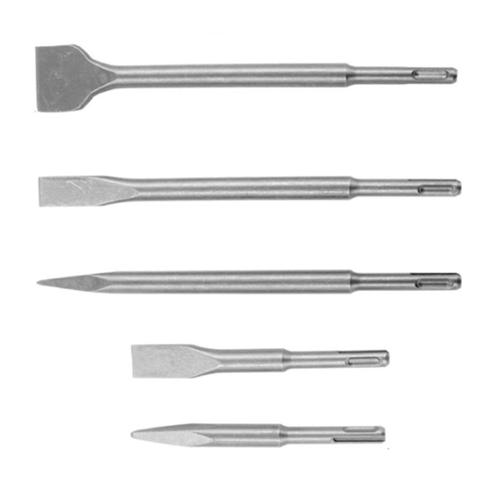 Set Mit 5 Bohrern Für Elektrohammer: Spitze, Flache Und Robuste Meißel Mit Rundem Schaft.
