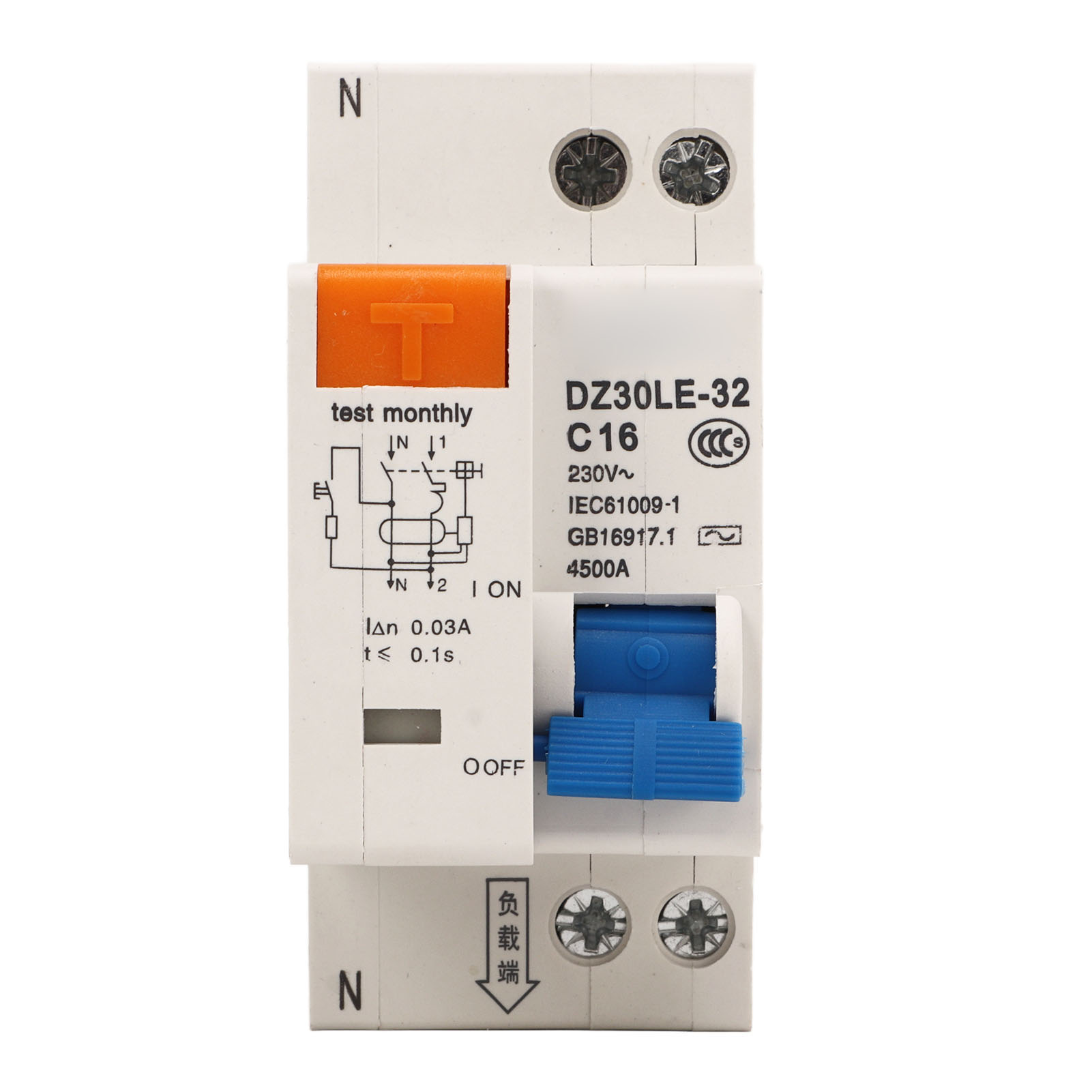 Leitungsschutzschalter Mit Überlast- Und Ableitstromschutzschalter, 230 V, 16 A, Einphasig + Neutralleiter, Schienenmontage