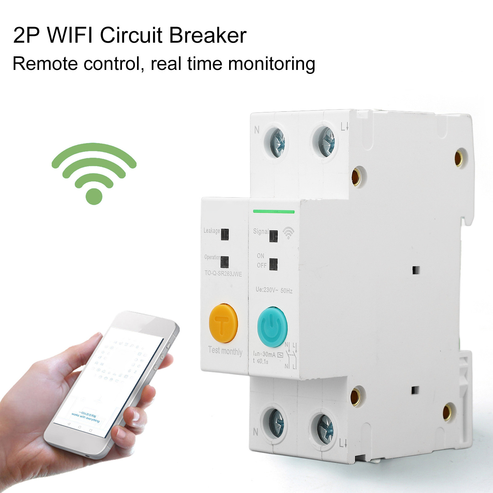 2-poliger Miniatur-leistungsschalter Mit Wlan-fernbedienung Und 30-ma-ableitstromschutz, 230 V, 16 A