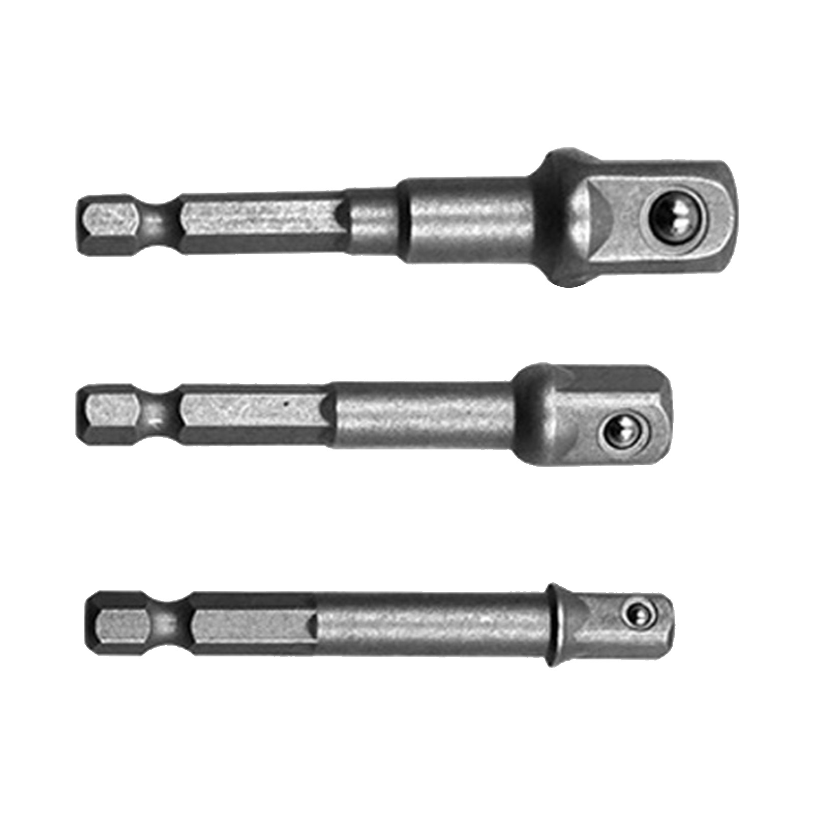 Set Mit 3 Adaptern Für 1/2", 3/8" Und 1/4" Steckschlüssel, Verschleißfest, Mit Sechskantschaft Und Silberner Verlängerung
