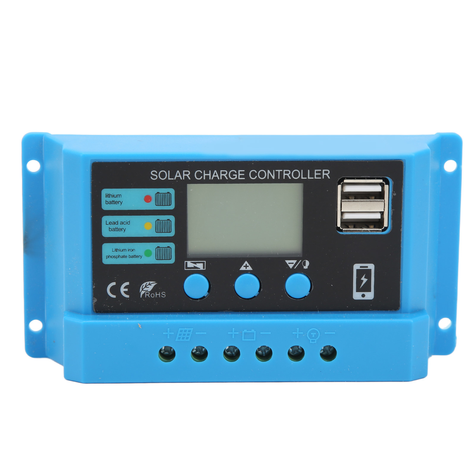 12v/24v Photovoltaik-laderegler Mit Lcd-display Und Anschlüssen, Blau, 20a