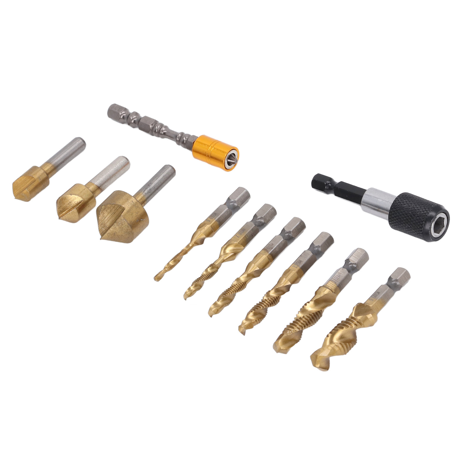 Set Aus 11 Bohr- Und Anfaswerkzeugen Für Die Holzbearbeitung: Titanbeschichtete Stufenbohrer, Schnellspannverlängerung Und Gewindebohrer.