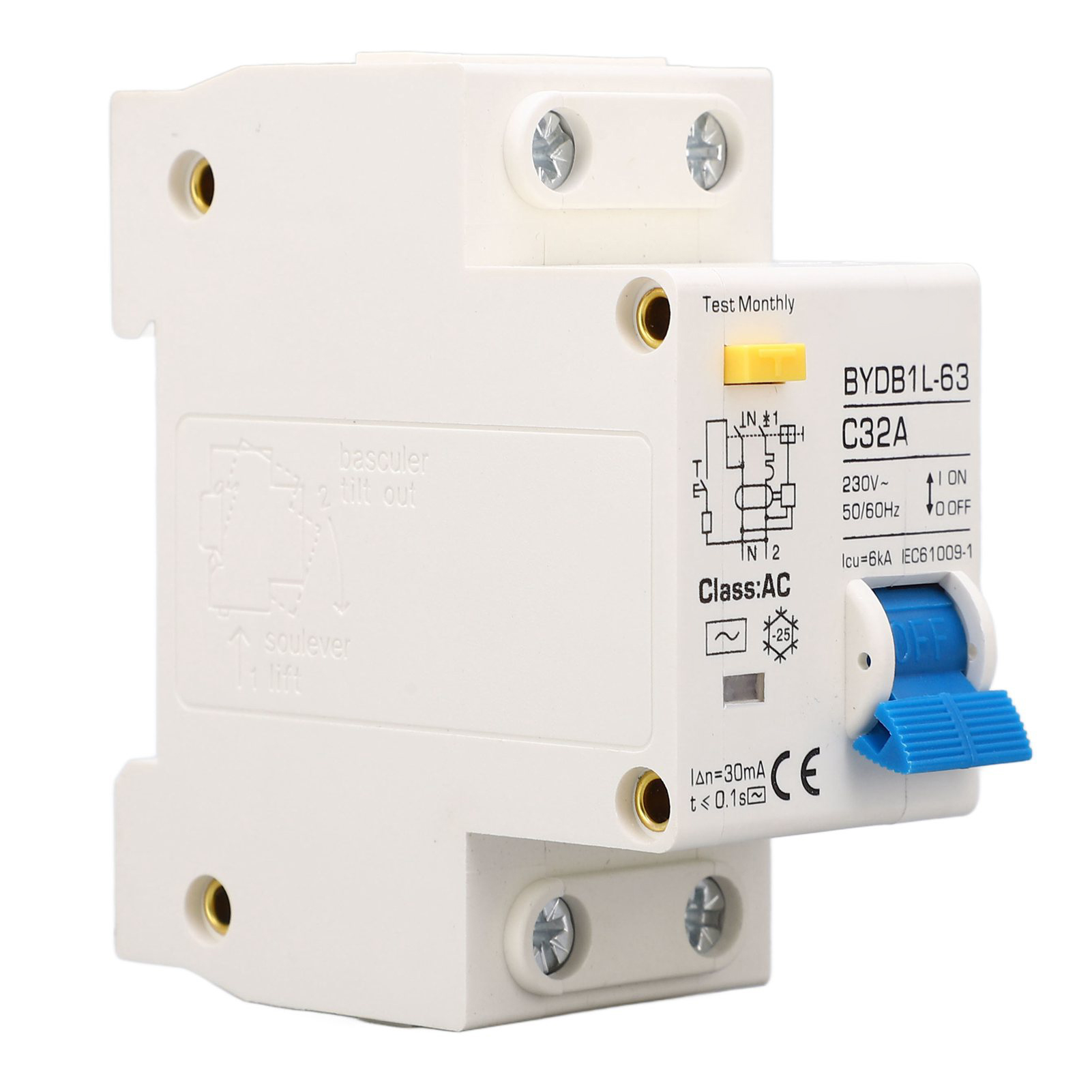 Fehlerstromschutzschalter 1p+n, Leitungsschutzschalter 30 Ma, 230 V, 32 A