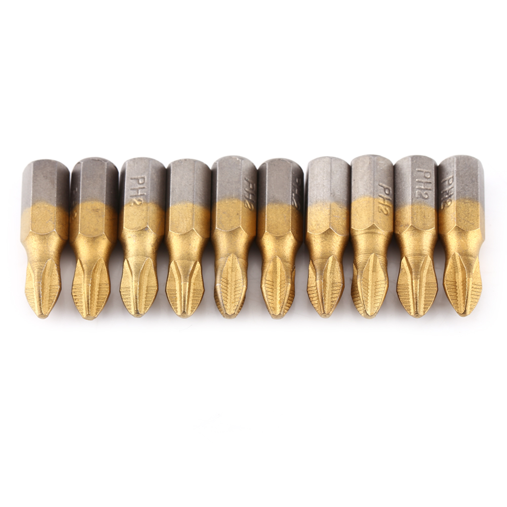 Packung Mit 10 Magnetischen Ph2-kreuzschlitz-schraubendreherbits Mit Rutschfester Oberfläche Aus S2-stahl Mit 1/4"-sechskantschaft Und Titanbeschichtung, Länge 25 Mm