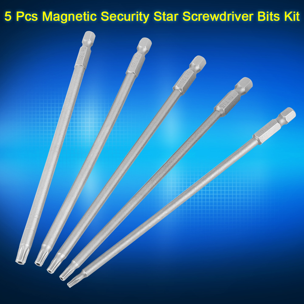 Set Mit 5 Sicherheits-sternschraubendreherbits T10-t30, 1/4"-sechskantschaft, 150 Mm, Magnetisch, Für Bst-schrauben