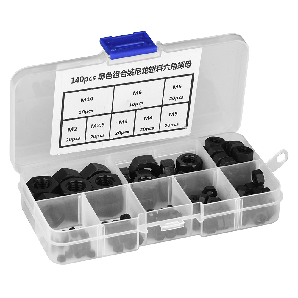 Schwarze Sechskantmuttern Aus Nylon-kunststoff M2, M2,5, M3, M4, M5, M6, M8, M10 – 140er-packung